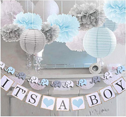 luckylibra Boy baby shower decorations, It is a Boy Banners Elephant Garland and Paper Lantern Paper Flower Pom Poms ?Blue White Grey?...