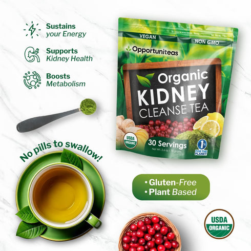Opportuniteas Organic Kidney Cleanse Detox & Repair Tea - Matcha Green Tea, Cranberry, Lemon & Ginger. 4 Cleansing Superfoods for Drinks. Vegan & ...