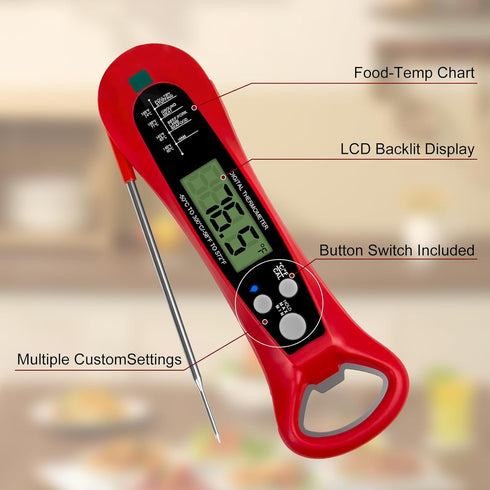 Instant Read Digital Meat Thermometer for Cooking and Baking - Accurate Food Thermometer for Ovens and Grills Red...