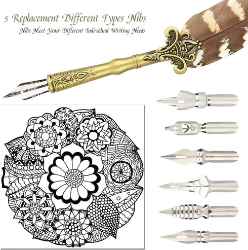Quill Pen and Ink Set Feather Pen with Ink and 6pcs Nibs Calligraphy Pens for Beginners for Lettering,Drawing, Journaling, Signing, Invitation HO-...