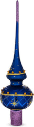 Purple Jewels and Golden Leaves on Blue Mouth Blown Glass Christmas Tree Topper 11 Inches...