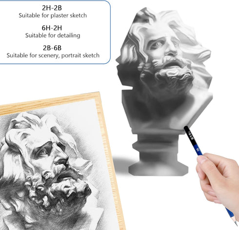 H & B 12 PCS Pencil Drawing Kit, H-4H, F, HB, B-6B Graphite and Charcoal Sketch Pencil Set for Beginners, Professional Artists...