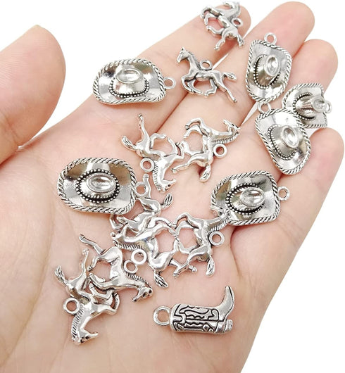 Honbay 60PCS Antique Silver Alloy Western Cowboy Charms Pendants Cowboy Boot Horse Hat Charms for Earrings Bracelet Necklace Jewelry Making (3 Sty...