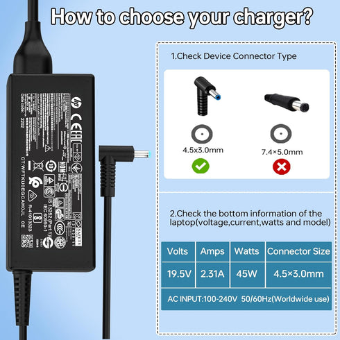 45W Laptop Charger for HP Elitebook 745 G6 G5 840 G3 840 G6 850 G3 Probook 430 G3 440 G3 450 G5 G6 Stream 11 13 741727-001 740015-003 19.5V 2.31A ...