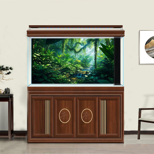 Aquarium Background Fantasy Jungle Plants Waterfall Background Tropical Rainforest Terrarium Background Stream Sunlight Green Leaves Reptile Habit...