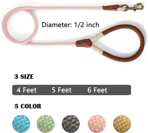 Mile High Life Dog Leash | Strong Rope Dog Leash w Premium Leather Tailor Handle | 5 Feet Dog Leash w Heavy Duty Clasp | Pink Rope Leash for Small...