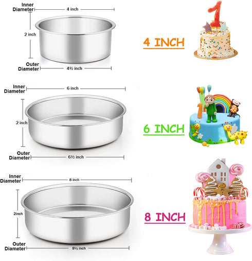 E-far Cake Pan Set of 3 (4 inch/6 inch/8 inch), Stainless Steel Small Round Layer Cake Baking Pans, Perfect for Tier Smash Cake, Non-Toxic & Healt...