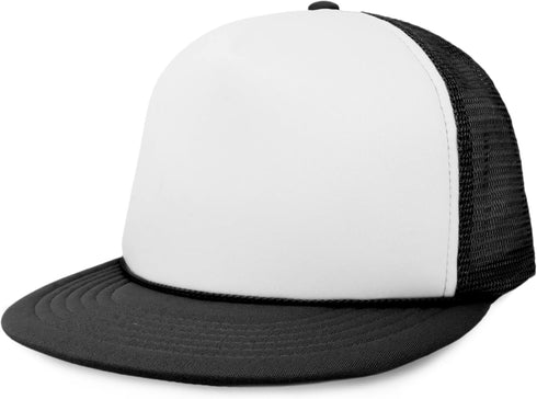 Flat Billed Trucker Hat Mesh Back S M L Adjustable Cap Solid Two Toned Snapback...