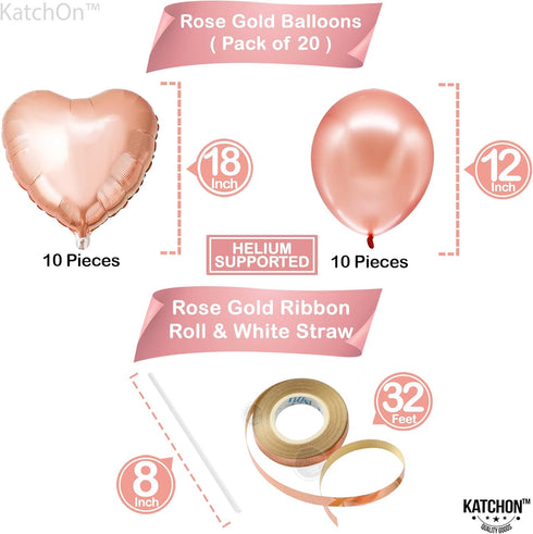 KatchOn Big Rose Gold Heart Balloons - 18 Inch, Pack of 20 | Rose Gold & Blush Pink Heart Shaped Balloons | Valentines & Galentines Day Decoration...