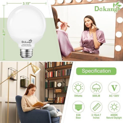 4 Pack G25 LED Globe Light Bulbs for Bathroom 4000K Daylight, E26 Base Vanity Light Bulbs 60W Incandescent Equivalent, 5W Round Light Bulbs, 500LM...