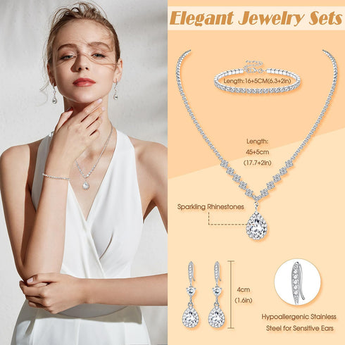 FUNRUN JEWELRY Silver Jewelry Set for Women Rhinestone Necklace and Earrings Bridal Wedding Jewelry Sets for Brides Bridesmaid Crystal Wedding Pro...