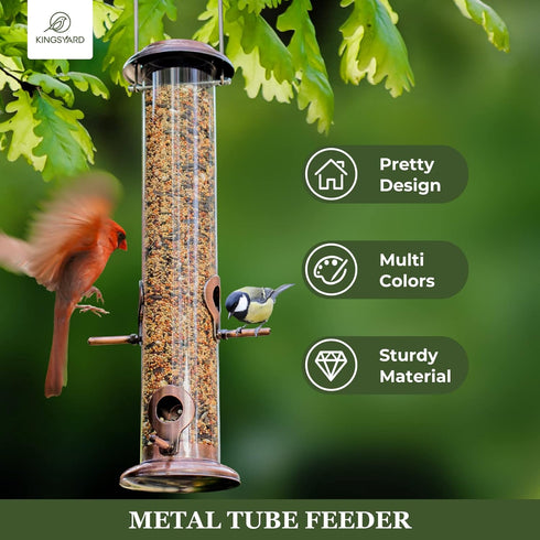 Kingsyard Metal Bird Feeders for Outdoors Hanging, Extra Thick Tube Bird Feeder w/Steel Hanger & 4-Port, 15 inch, Chew-Proof, Weather and Water Re...