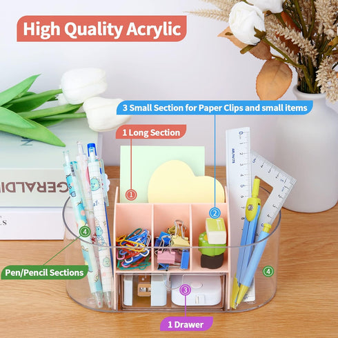 LETURE Clear Desk Organizer with drawer, Acrylic Pen Pencil Markers Holder, Clear Office Supplies and Accessories,Desktop Organizer for Room Colle...