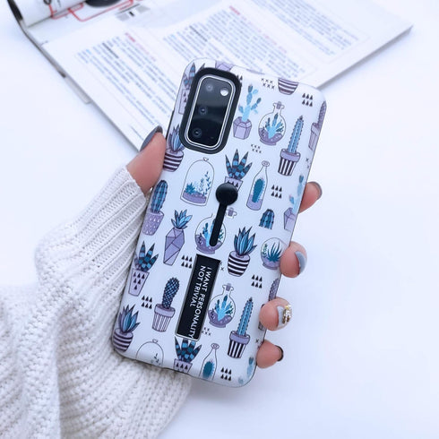 Compatible with Samsung Galaxy S20+ Plus Case Finger Grip,3D Embossed Grey Cactus White Shell Design, Rugged Shockproof Slim Fit Dual Layer Finger...