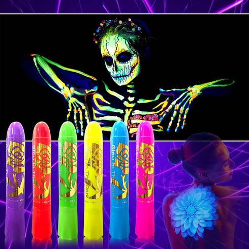 Glow in The Dark Party Supplies Face Body Paint Sticks 6 Pcs,Neon Face Body Paint Crayons Kit,Black Light Glow Halloween Makeup Kit for Masquerade...
