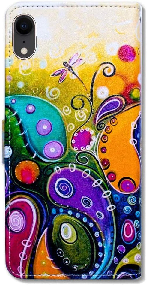Case for iPhone XR, Colorful Dragonfly Leather Flip Wallet Case Cover with Card Slot Holder Kickstand for Bcov Case for iPhone XR...