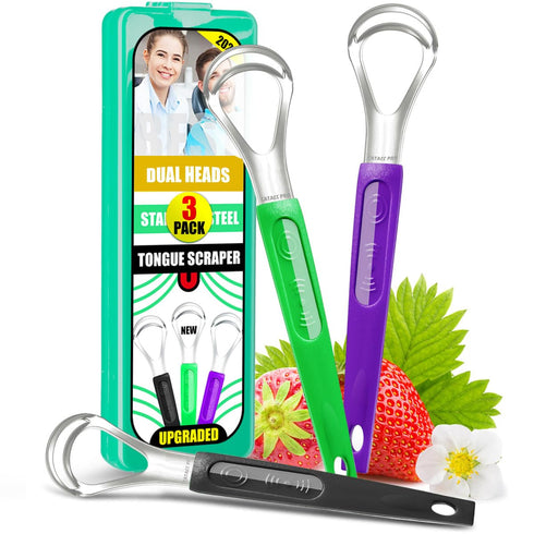 3 Pack Metal Tongue Scrapers for Kids Adults, Stainless Steel Tongue Cleaner Scrubber with Travel Case...