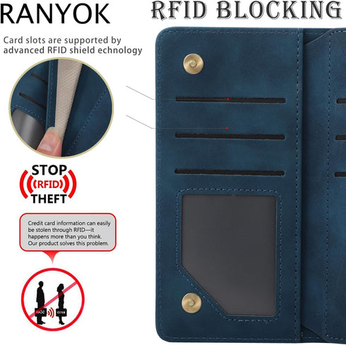 RANYOK Wallet Case Compatible with iPhone 12/12 Pro (6.1 inch), Premium PU Leather Zipper Flip Folio RFID Blocking Wallet with Wrist Strap Kicksta...
