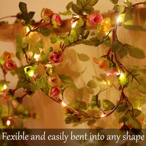 Fielegen 20 LED Rose Flower String Lights Battery Powered 7.2ft Artificial Flower Garland with Lights Rose Vine Fairy Lights for Home Garden Weddi...