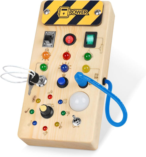 montessori toddler busy board, baby wooden busy board with 8 LED light switches, sensory toys light switch toys travel toys for 1+ year old baby a...