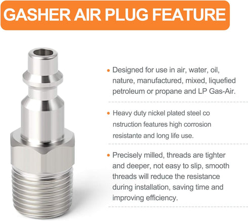 GASHER 1/4-Inch NPT Male Industrial Air Plug,1/4-Inch High Flow Pneumatic Plugs 300PSI (20-Pack)...