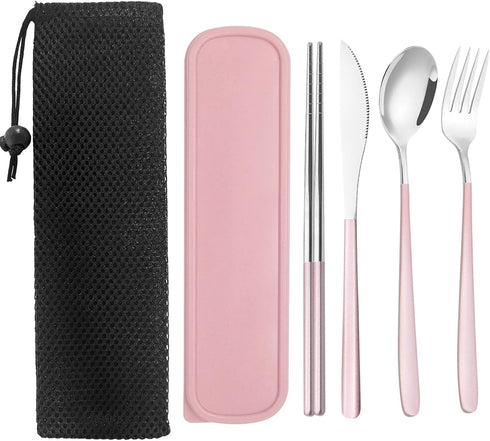 Portable Travel Utensils Set with Case, Pink Reusable Silverware Set, TWUTGAYW 18/8 Stainless Steel Knife Forks Spoons Chopsticks Reusable Travel ...