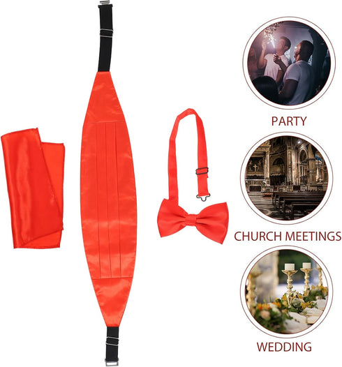 Kisangel 3pcs Cummerbund and Bow Tie Set Bow Tie Hanky Set Cummerbund, Bow Tie, Handkerchief for Party Wedding (Red)...