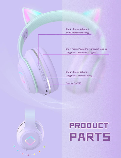 Kids Bluetooth Headphones,Cat Ear LED Light Child Wireless Headphones with Mic,Adjustable Headband,TF Card,Foldable Bluetooth Stereo Over-Ear Kids...