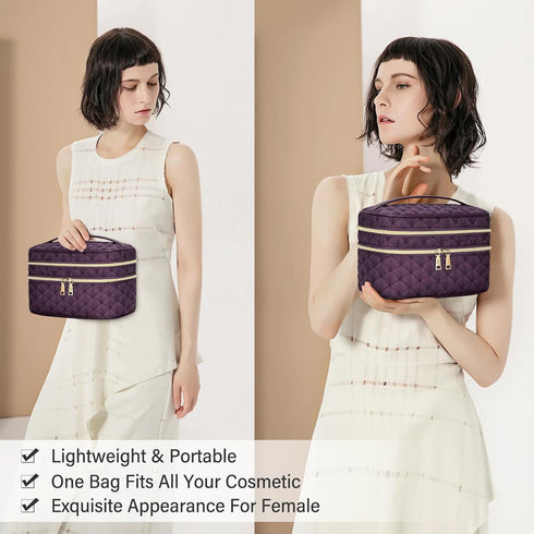 IGOLUMON Travel Makeup Bag Double Layer Make Up Bag Portable Large Cosmetic Bag Wide-open Toiletry Bag for Women Roomy Cosmetic Case Pouch Multifu...