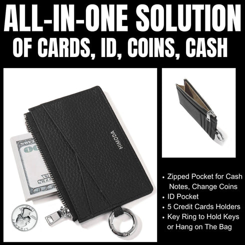 Slim Card Wallet with Keychain for Women & Men, Genuine Leather Credit Card Holder, Small Front Pocket Wallets with Coin Pouch, Black, Ultra Thin,...