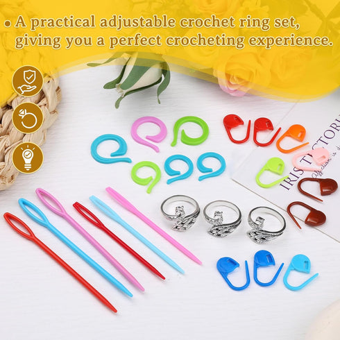 Yizzvb 3 Pcs Crochet Ring+30Pcs Stitch Markers, Knitting & Crochet Accessories Set, Adjustable Tension Rings for Finger Yarn, 6 Large Eye Blunt Ne...
