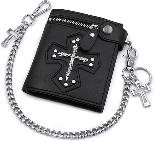 vogueteen Mens Gothic Cross Clasp Black Leather Wallet with Anti-Theft Biker Chain Man Zipper Purse...