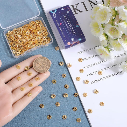 SUNNYCLUE 1 Box 300PCS 6mm Alloy Flower Beads Caps Filigree Flower Beads Gold Metal Hollow Floral End Cap Loose Spacer Bead Bulk for Jewelry Makin...