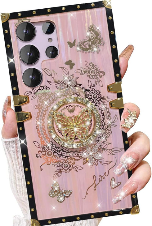 for Samsung Galaxy S24 Ultra Kickstand Case, Cute Luxury Glitter Bling Sparkly Diamond Butterfly with Ring Stand Floral TPU Bumper Shockproof Wome...