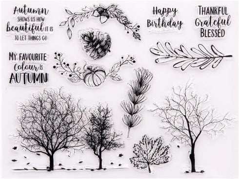 LZBRDY 6.7 by 8.9 Inch Autumn Trees Leaves Pumpkin Fruit Clear Stamp and Die Set for Card Making and Scrapbooking Thanksgiving Silicone Stamps and...