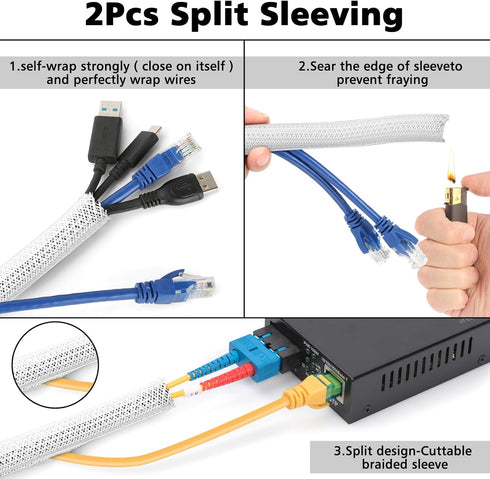 Cord Management Organizer Kit 2 Cable Sleeve Split with 41Self Adhesive Cable Clips Holder, 10pcs and 2 Roll Self Adhesive tie and 100 Fastening C...