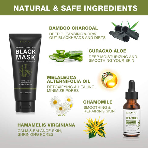 SHVYOG Blackhead Peel Off Face Mask, 3-in-1 Blackhead Remover Mask with Brush & Tea Tree Oil Serum, Charcoal Mask for Deep Cleansing Dirts, Pores,...