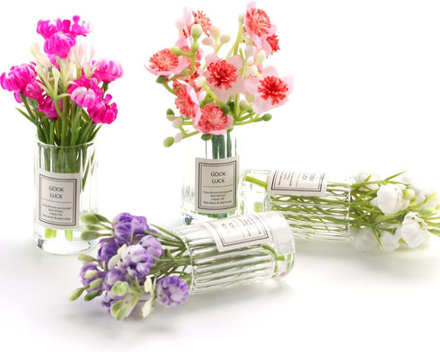 Miniature Flowers with Vase Dollhouse Glass Vase 1:6 Scale Mini Flower in Vase,Flower in Tall Glass Vase(Set of 4)...
