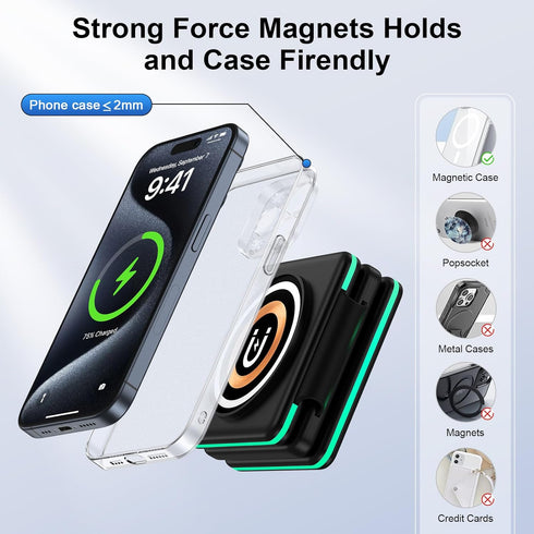 3 in 1 Wireless Charging Station with 20W USB C Power Adapter for iPhone 15/14/13 Series,Magnetic Mag-Safe Foldable Travel Charger Stand Pad for M...
