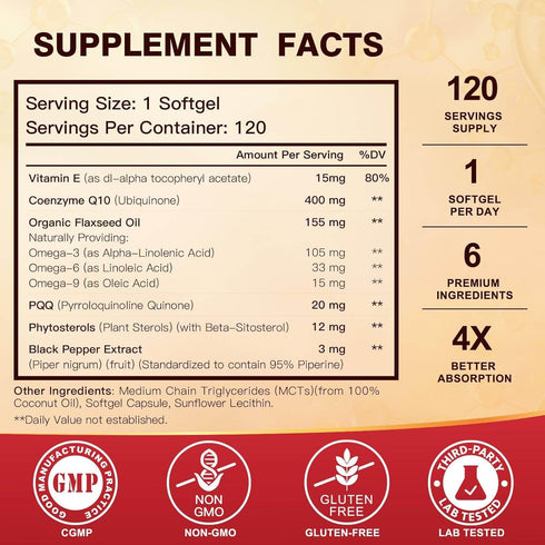 CoQ10 400mg SoftGels COQ10 - CQ10 Coenzyme Q10 Supplement, Plus PQQ, Omega 3, and Vitamin E, for Heart and Cellular Energy, 120 Servings...