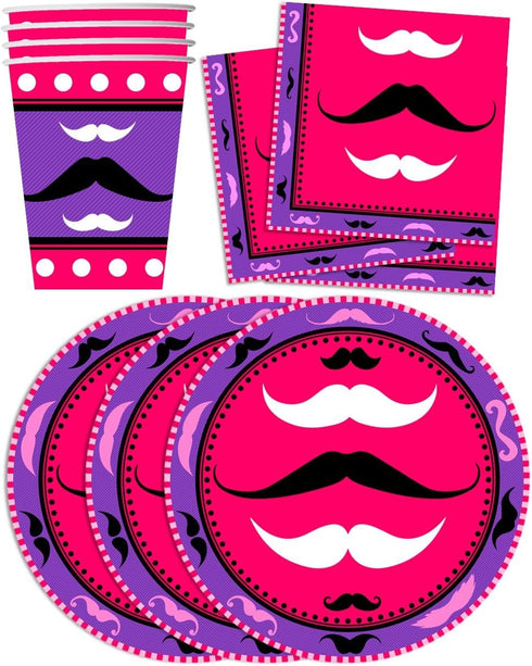 Pink Mustache Birthday Party Supplies Set Plates Napkins Cups Tableware Kit for 16...