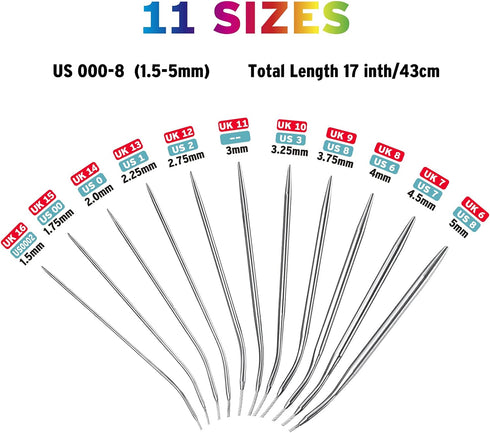 16 Inch Circular Knitting Needles Set, Stainless Steel Round Knitting Needles,11 Pack Sizes 1.5-5mm Metal Circle Knit Needle with Magic Loop for S...