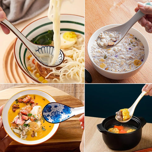 5pcs Asian Soup Spoon, Ceramic Chinese Soup Spoons, Deep Oval Hook Non-slip Japanese Spoons for Rice Ramen Pho Miso Soup Wonton Noodle, Luck and P...