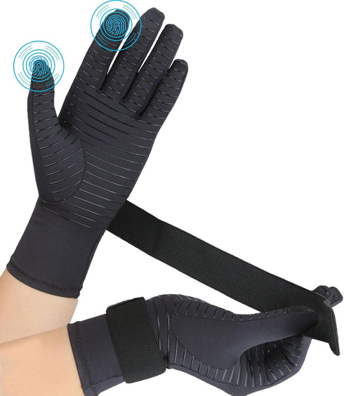 Copper Arthritis Gloves with Adjustable Wrist Strap for Women Men, Full Finger Compression Gloves for Arthritis, Carpal Tunnel, Pain Relief, Swell...