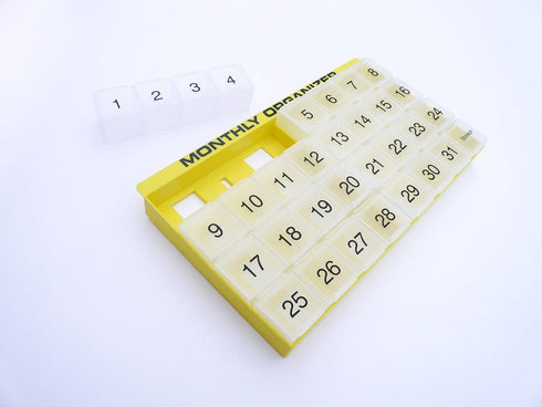 31 compartments, 1 per Day, 4 Week Monthly Pill Organizer by Promed. Includes Tray and 8 Removable compartments. (Yellow)...