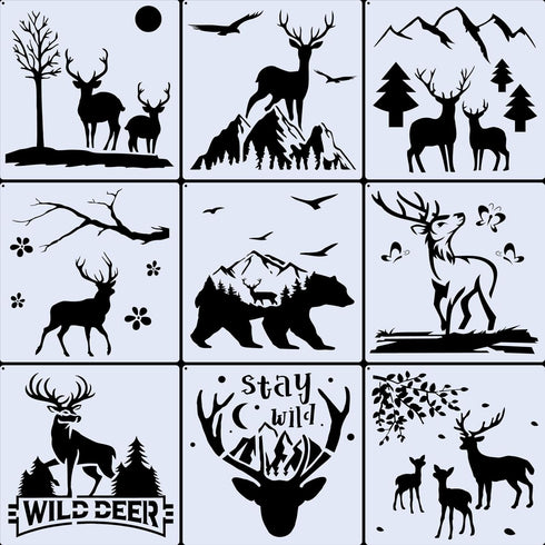 9 Pcs Large Deer Stencils for Painting - Reusable Forest Mountain Tree Deer Head Stencils Painting Templates for Scrapbooking Drawing Wood Wall Ca...