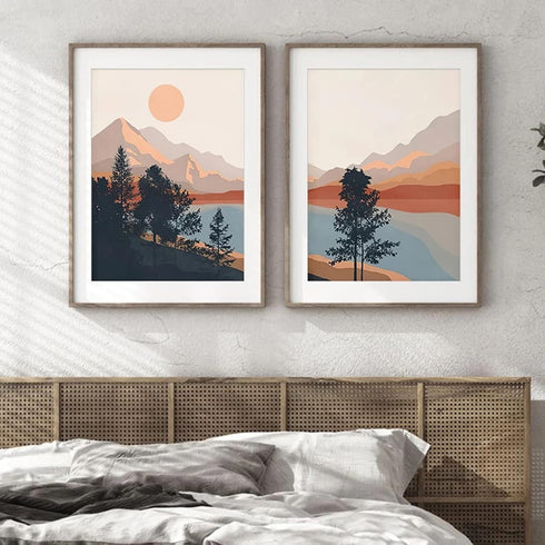 Bankrenart Nature Landscape Wall Art Prints Mountain Sun Lake Wall Art for Living Room Unframed Mid Century Wall Art Forest Pictures Artwork Boho ...