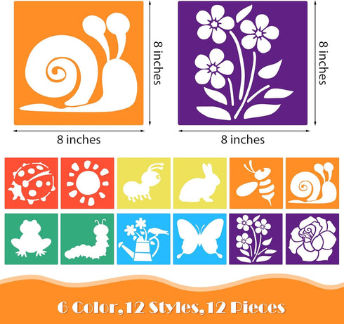 12 Pcs Stencils for Kids, 8 Inch Large Drawing Stencils Sidewalk Chalk Stencils Washable Reusable Garden Themed Shape Template Stencils for Crafts...