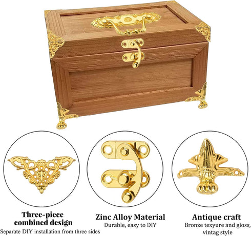 Gold Jewelry Box Antique Lock Latch Hasp Hinges Handle Box Corner Protectors Kit for DIY Jewelry Box, Wood Case Jewelry Chest Storage Box Feet Leg...