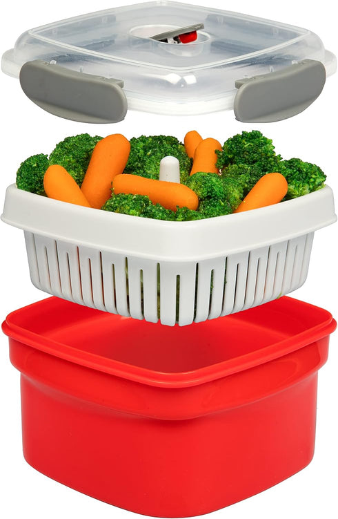 Microwave Cookware Steamer- 3 Piece Microwave Cooker w Food Container, Removable Strainer and Locking Steam Vent Lid- BPA Free, Fridge and Freezer...